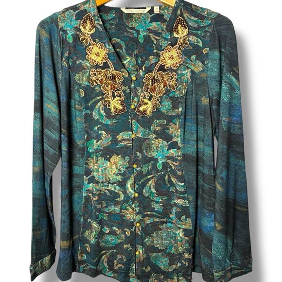 Soft Surroundings Top Sz Small Petite Del Bosque Tunic Starry Night Gold Beaded - Picture 2 of 7